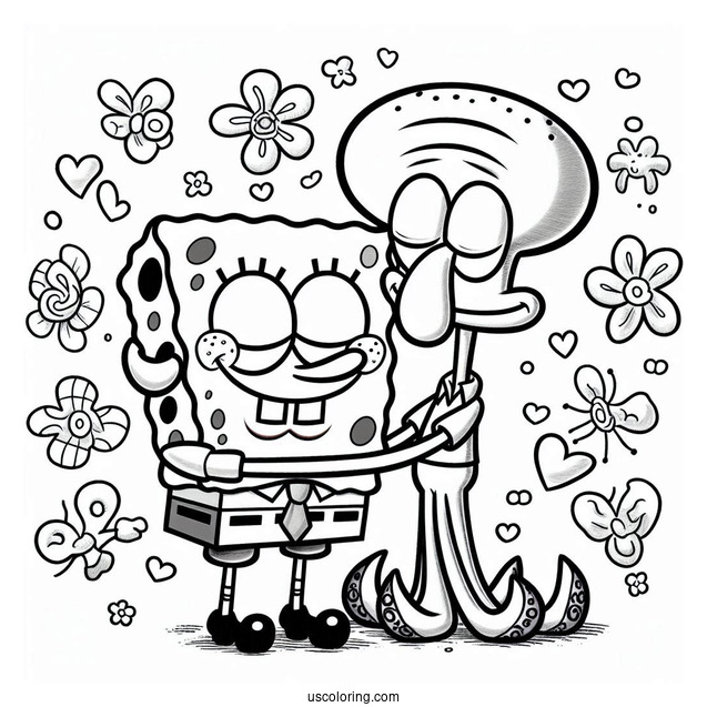 SpongeBob Hugging Squidward Coloring Page