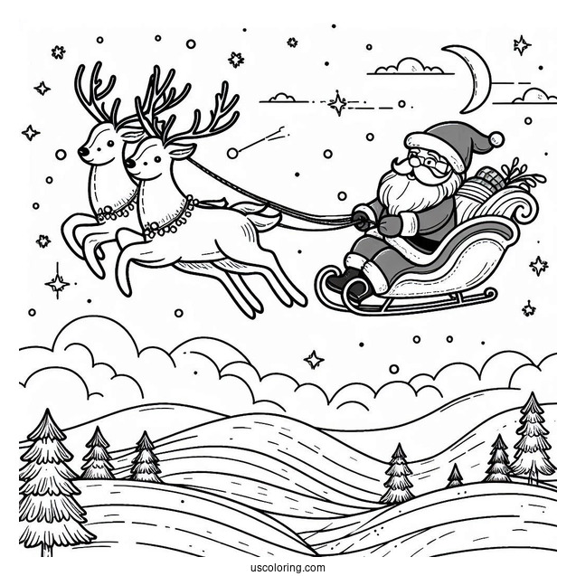 Santa Flying In The Sky With His Reindeer To Color