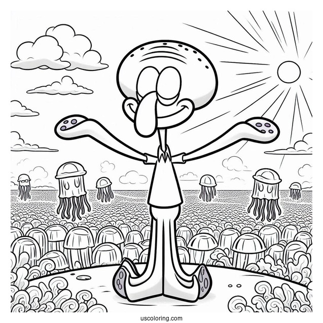 Squidward Coloring Page With Arms On Waist In Front Of Jelly Fields