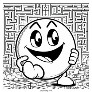 Smirking Pac-Man Coloring Page With Maze In Background