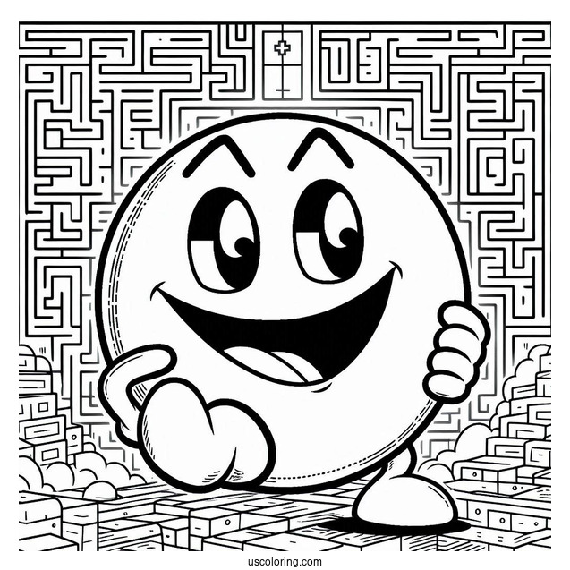 Smirking Pac-Man Coloring Page With Maze In Background