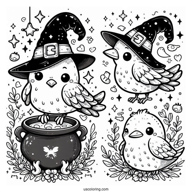Cute Little Raven Coloring Page In A Witch s Hat With A Magical Cauldron