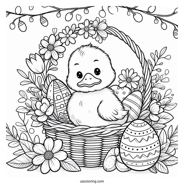 Easter Coloring Page Of Duck Inside Flower Basket With Easter Eggs