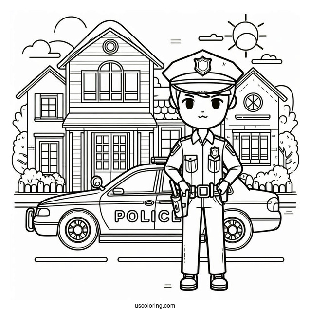Police Officer In Front Of Police Station To Color