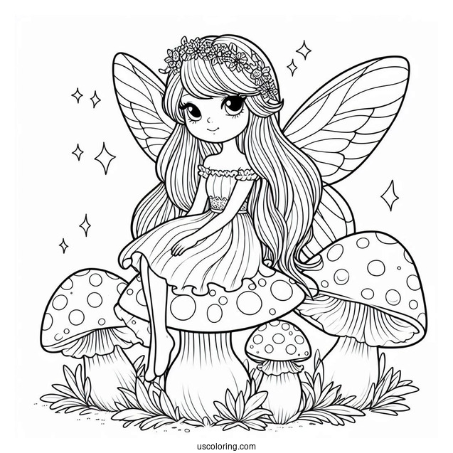 Pretty Fairy Sitting On A Mushroom Coloring Page