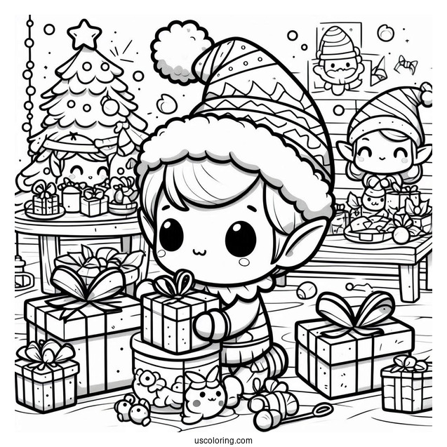 Festive Chibi Coloring Page Elf Wrapping Presents in a Christmas Workshop