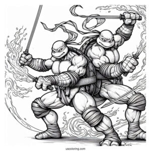 Ninja Turtles Coloring Page Of Adult Raphael Fighting With Twin Sai