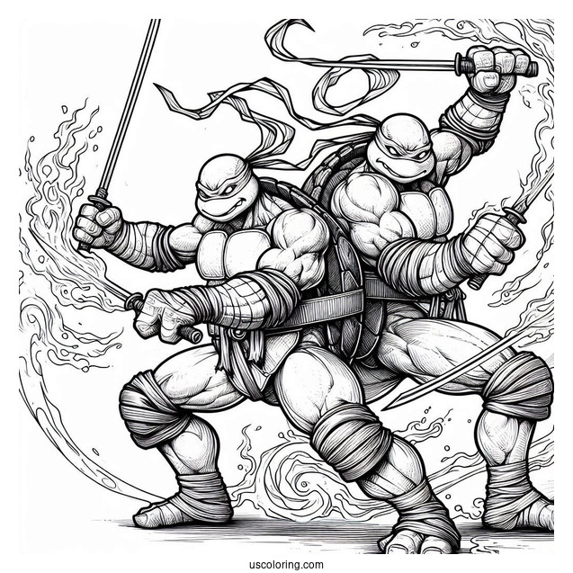Ninja Turtles Coloring Page Of Adult Raphael Fighting With Twin Sai