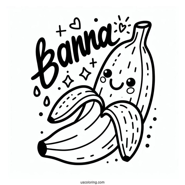 Yellow Word Over A Happy Banana Coloring Page
