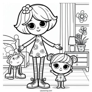 Poppy Playtime Coloring Page Of Poppy In A Room With Mommy Long Legs And Huggy Wuggy