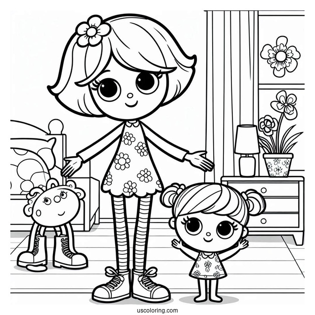 Poppy Playtime Coloring Page Of Poppy In A Room With Mommy Long Legs And Huggy Wuggy