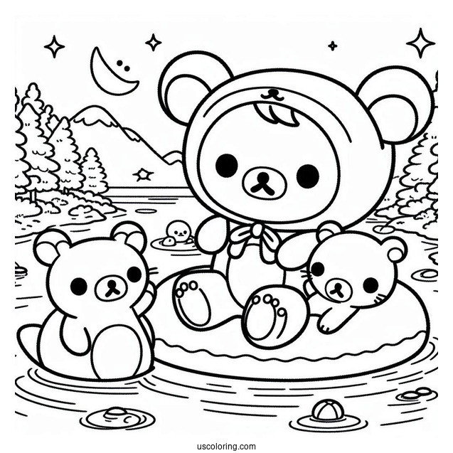 Rilakkuma Coloring Page And Korilakkuma In Otter Onesies Floating On The River With Kiiroitori