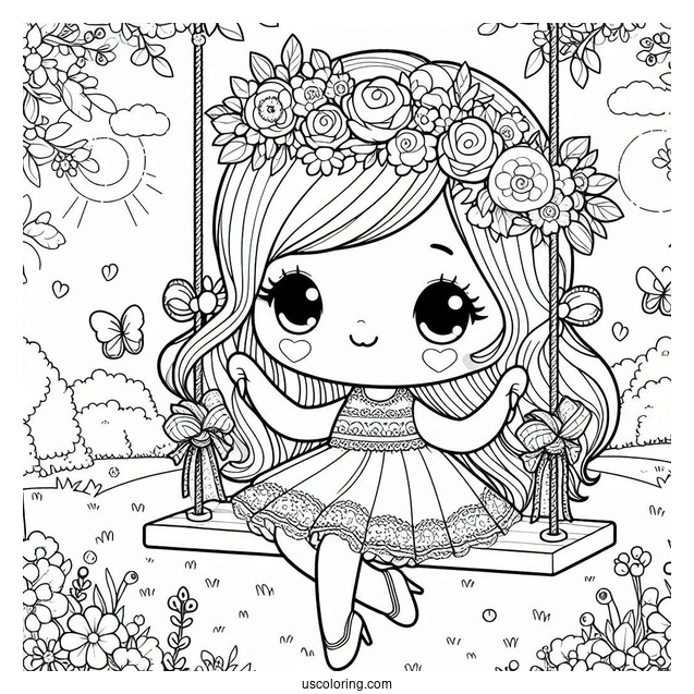 Kawaii Girl On Floral Swing In Spring Coloring Page Coloring Page For Kids