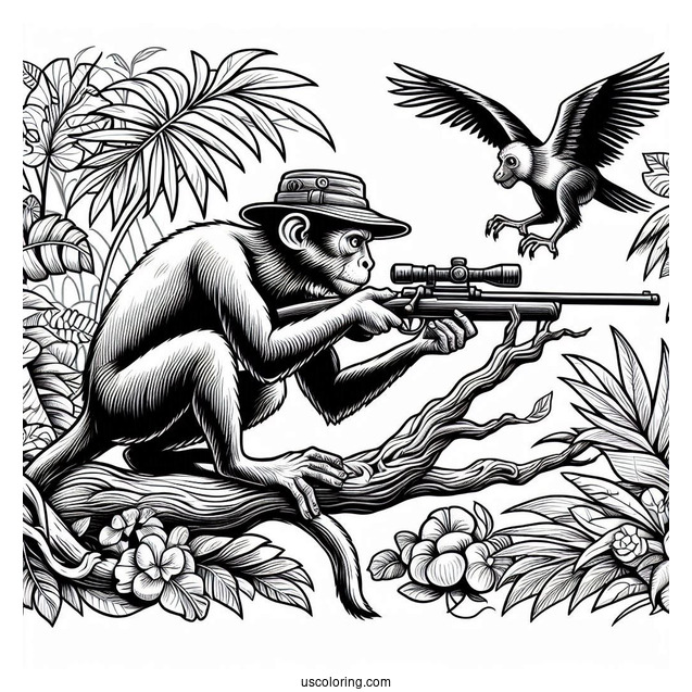 Monkey Creeping Up On Hunter With Gun In Jungle Coloring Page