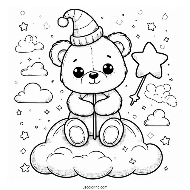 Cute Coloring Page Teddy Bear Holding A Star In The Clouds