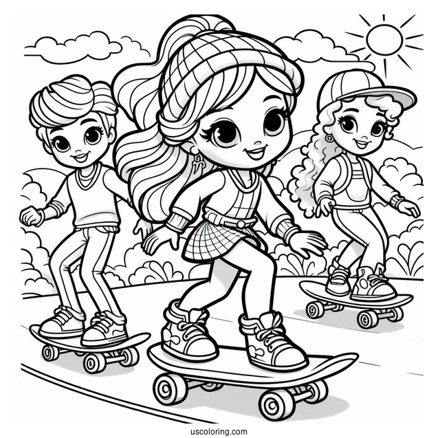 Polly Pocket Coloring Page Skateboarding With Nikolas, Lila, And Shani