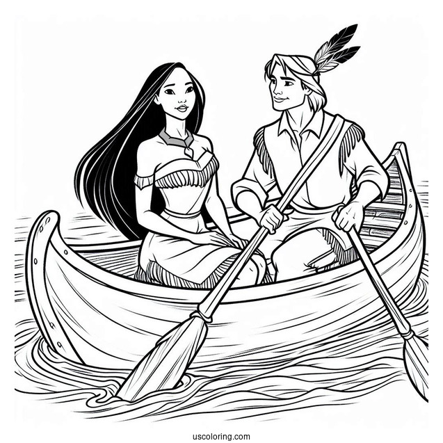 Pocahontas And John Smith On Canoe Coloring In