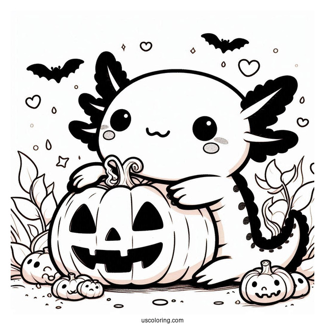 Kawaii Axolotl Coloring Page Hugging A Jack O Lantern