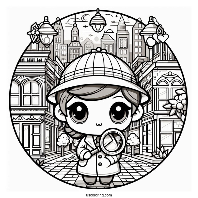 Mysterious Chibi Coloring Page Detective Holding Magnifying Glass in a City Street