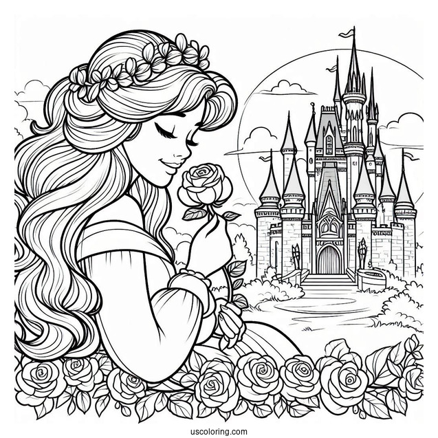 Princess Coloring Page Of Aurora Holding Rose Outside Castle