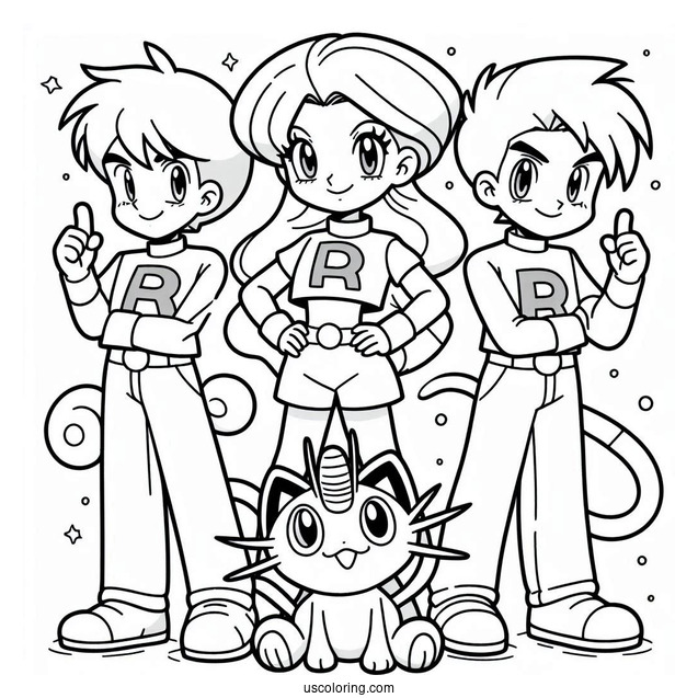 Team Rocket Jessie, James, and Meowth Coloring Page