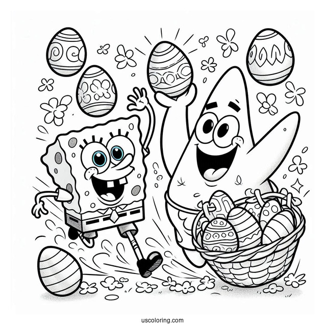 Easter Coloring Page Of SpongeBob And Patrick Star Throwing Easter Eggs