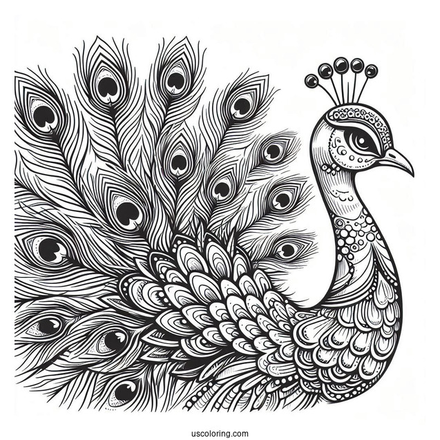 Side Profile Of Peacock Coloring Page With Fanned Feathers