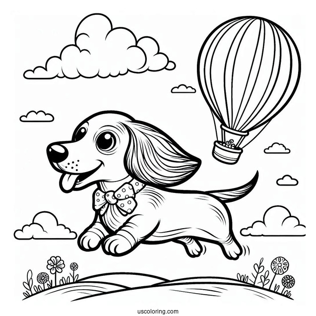 Dachshund Coloring Page Flying With Balloon In The Sky