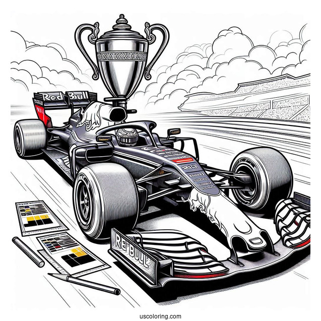 F1 Coloring Page Of Red Bull RB13 Race Car With Trophy In Background