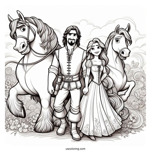 Coloring Page Of Maximus, Rapunzel And Eugene