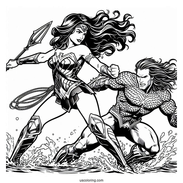 Wonder Woman Fighting Alongside Aquaman Coloring Page