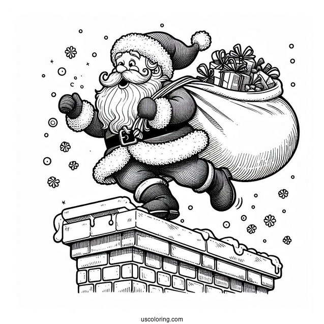 Santa Claus Climbing Into Chimney With Sack Of Presents
