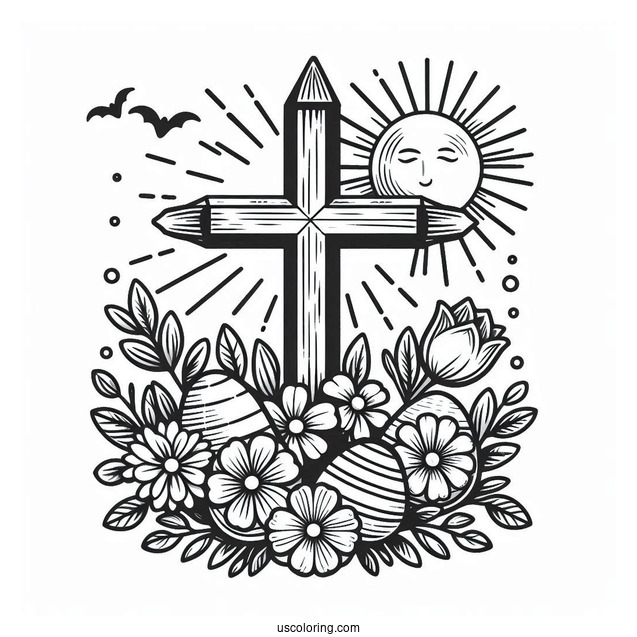 Easter Coloring Page Of Cross With Flowers And Sun On Easter For Kids