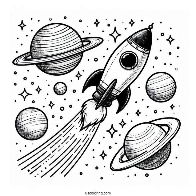Rocket Taking Off Into Space With Planets To Color
