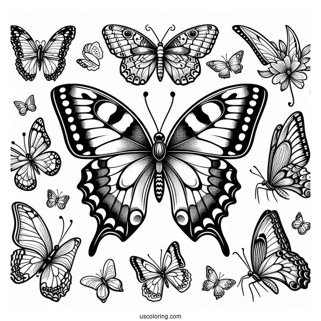 Swallowtail Butterfly With Other Butterflies To Color