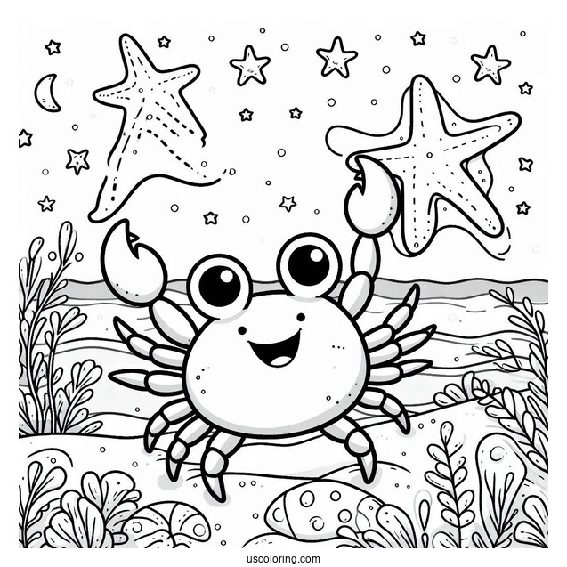 Cartoon Crab Approaching Starfish Coloring Page At Sea
