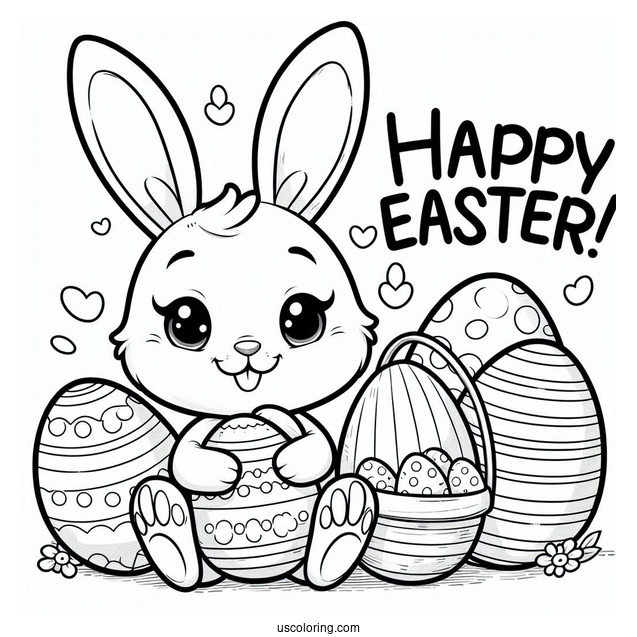 Bunny Holding Happy Easter Coloring Page Of Sign Next To Large Easter Eggs