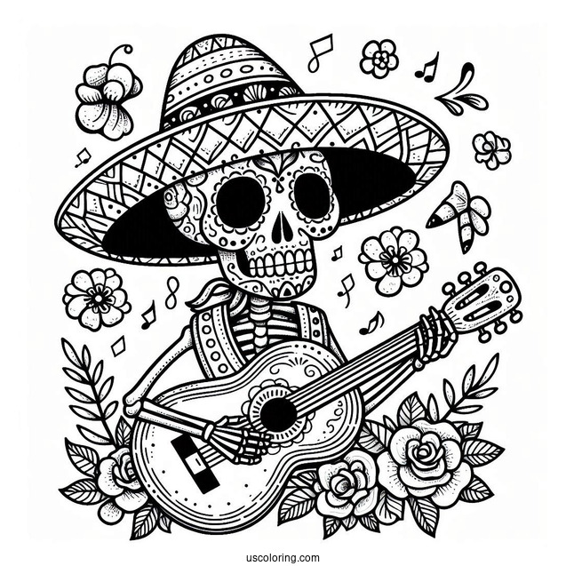 Sugar Skulls Coloring Page Of Skeleton Wearing Sombrero And Playing The Guitar