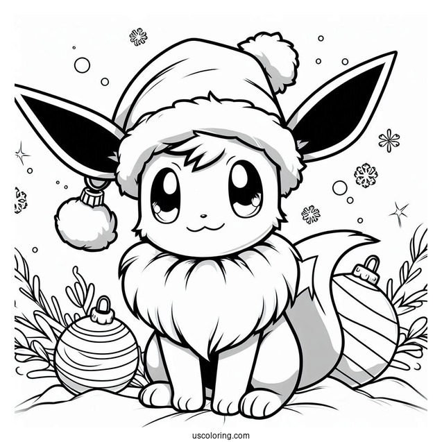 Pokemon Christmas Coloring Page Eevee Wearing Santa Hat With Christmas Baubles In The Background