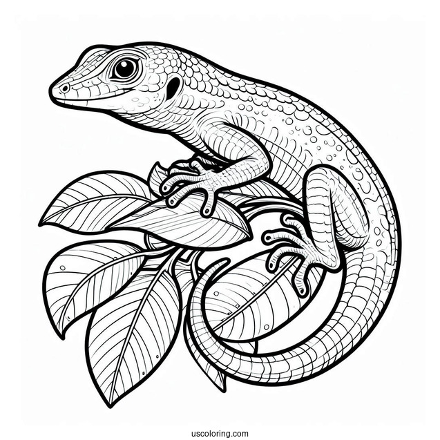 Lizard Coloring Page of Green Anole Lizard Camouflaging With Leaf