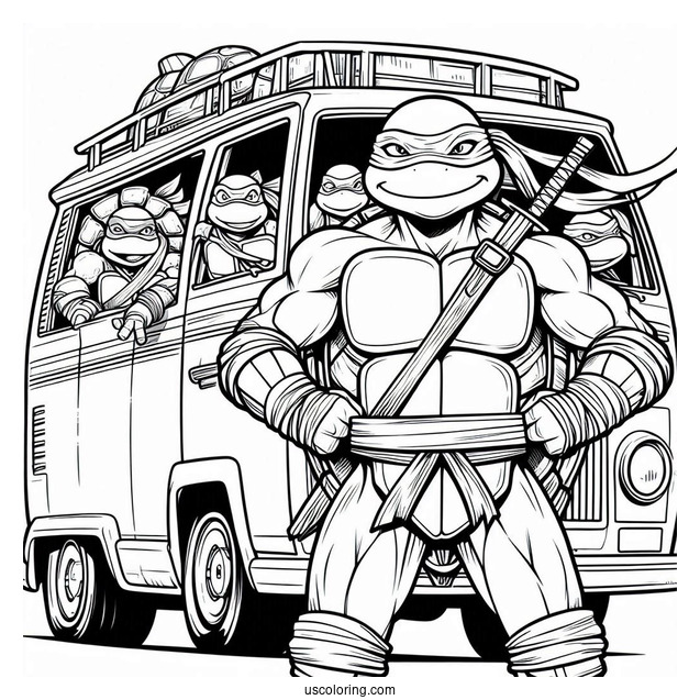 Ninja Turtles Coloring Page Of Donatello Standing In Front Of Turtle Van
