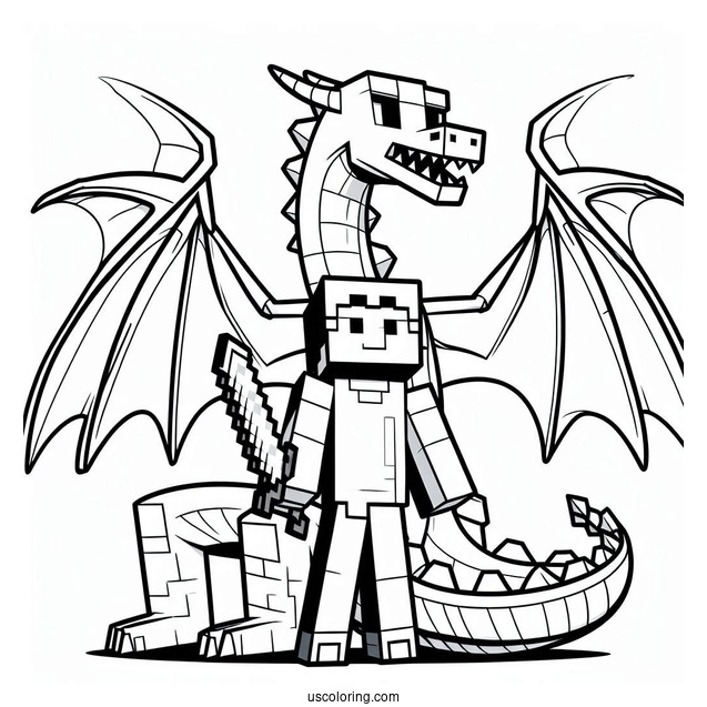 Minecraft Steve With Dragon Coloring Page For Kids