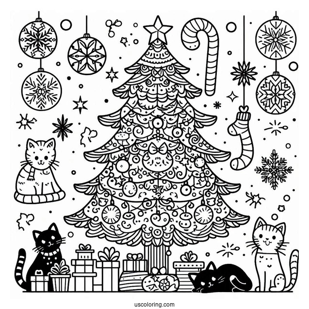 Christmas Tree With Cats Coloring Page