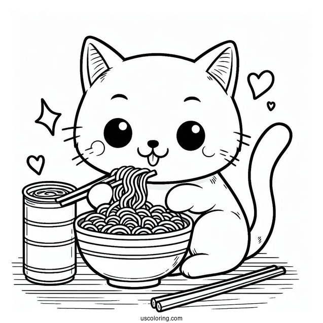 Cat Eating Ramen Coloring Page For Kids