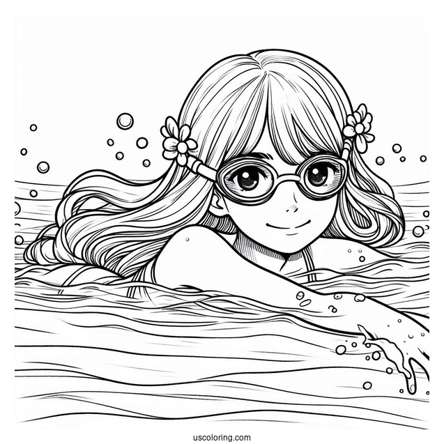 Girl Wearing Goggles Swimming Coloring Page Under Water