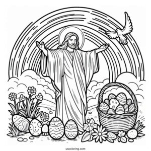 Easter Coloring Page Of He Is Risen With Rainbow For Kids