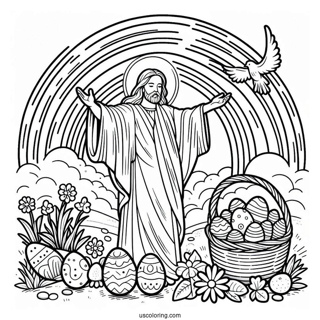 Easter Coloring Page Of He Is Risen With Rainbow For Kids