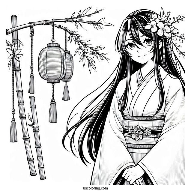 Detailed Nezuko Coloring Page With Bamboo