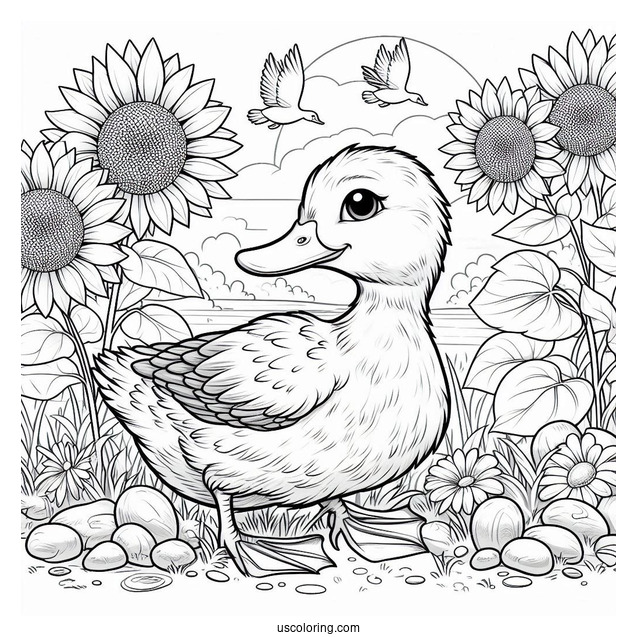 Realistic Duck in a Field of Sunflowers