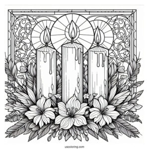 Four Candles Surrounded By Flowers Stained Glass Coloring Page